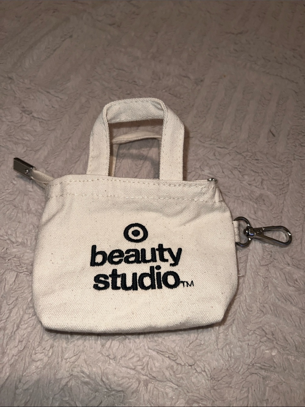 Target Cream Canvas Mini Tote with zipper and Embroidered beauty studio Logo,New